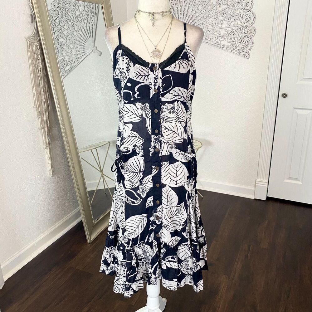 Early 2000's Black White Cotton Boho Sequin Flower Beaded Floral Midi Dress M